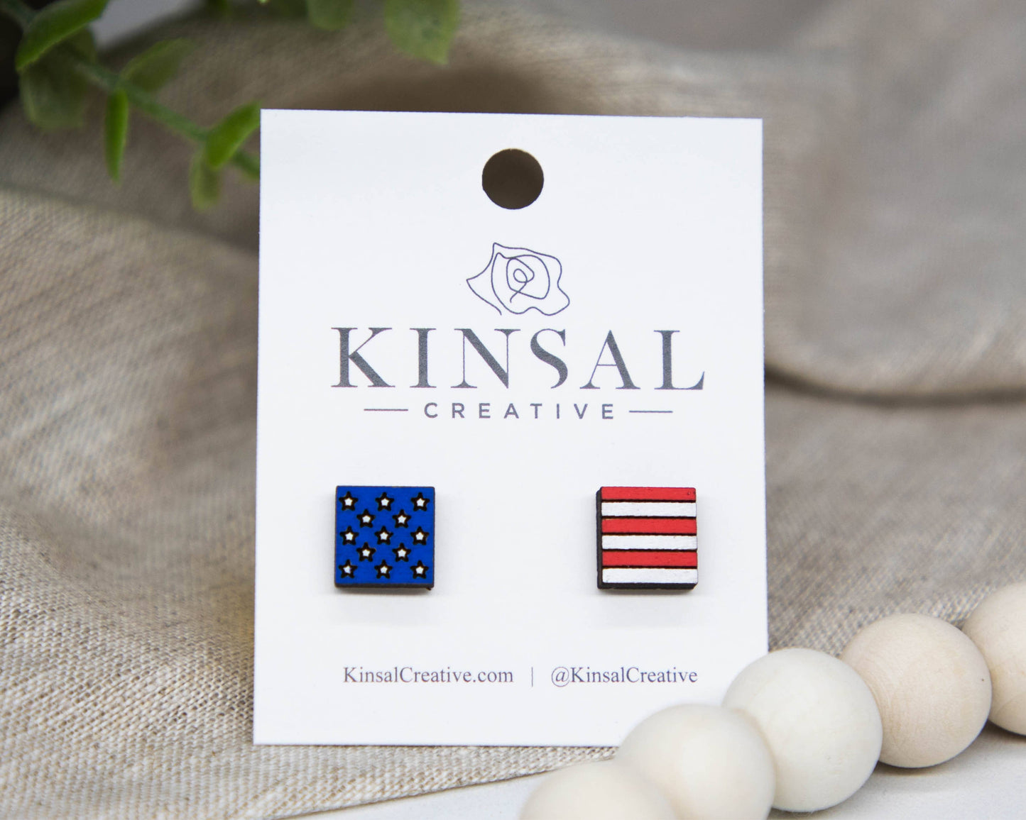 Stars And Stripes Wood Stud Earrings: Heart