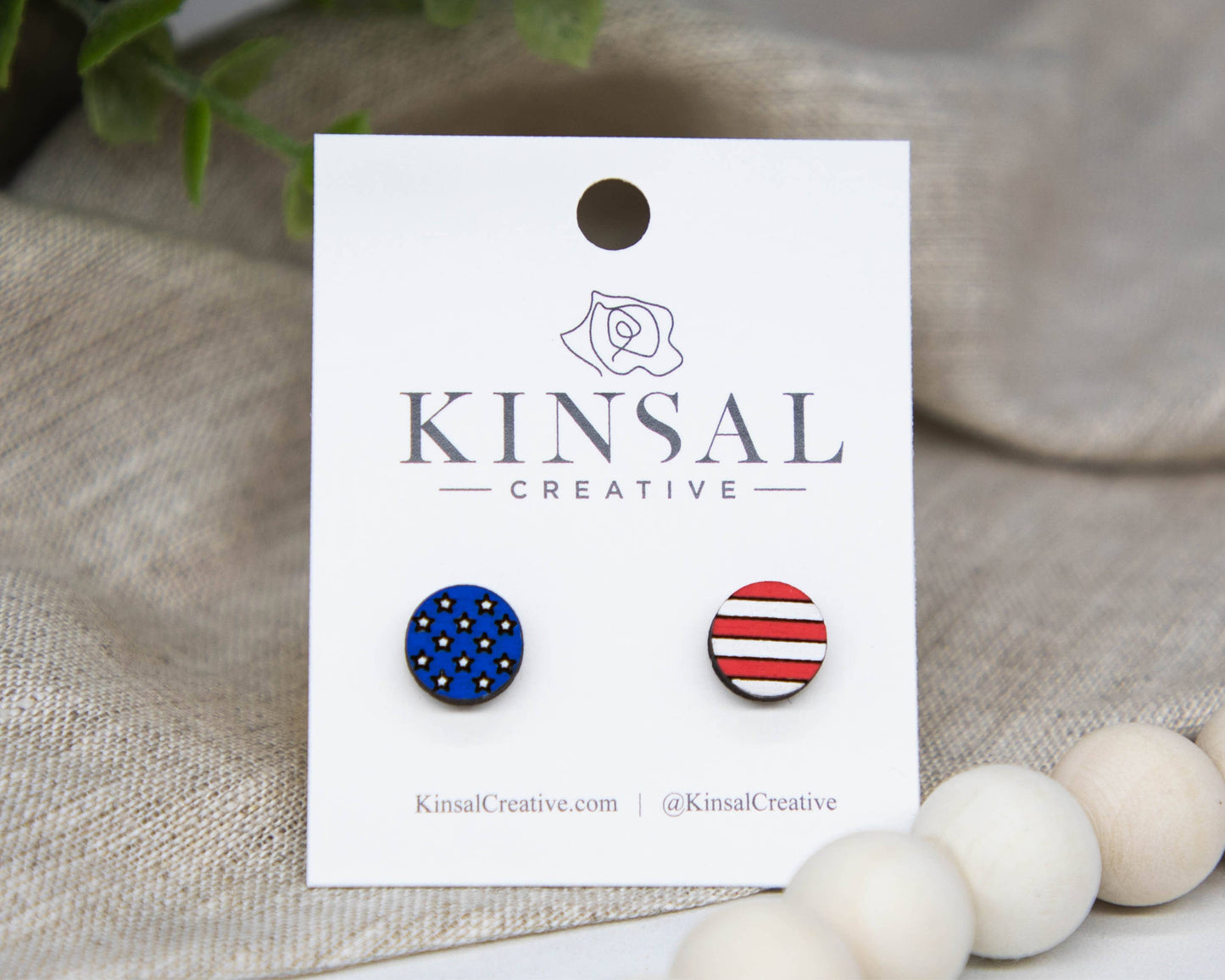 Stars And Stripes Wood Stud Earrings: Heart