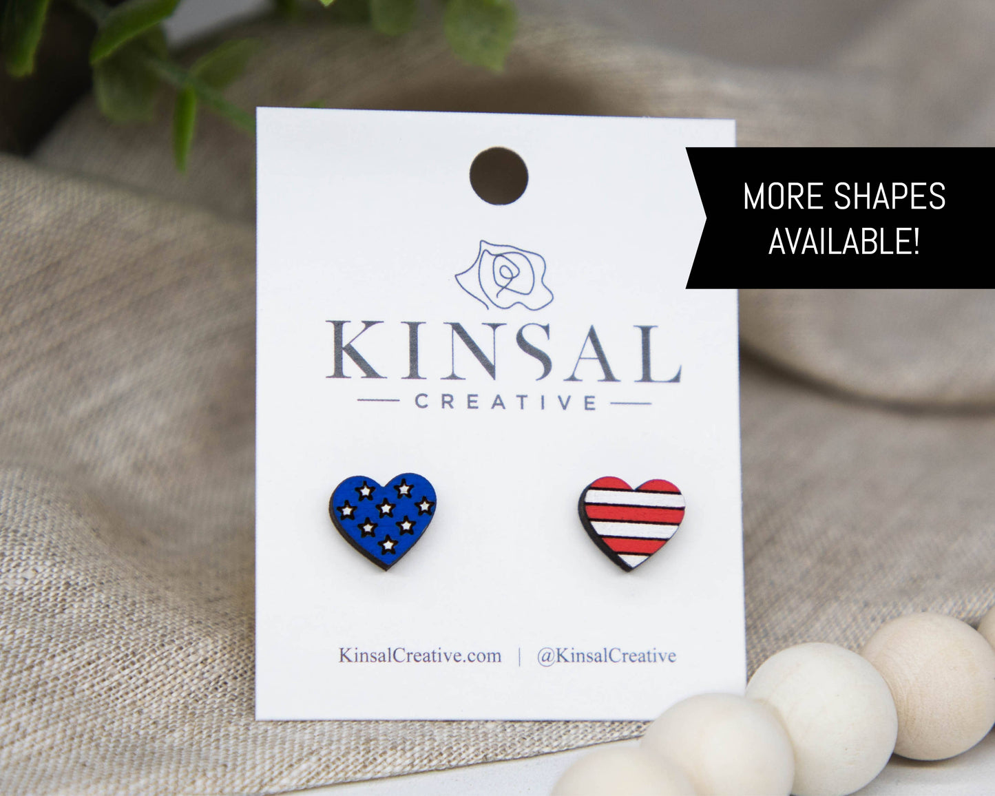 Stars And Stripes Wood Stud Earrings: Heart